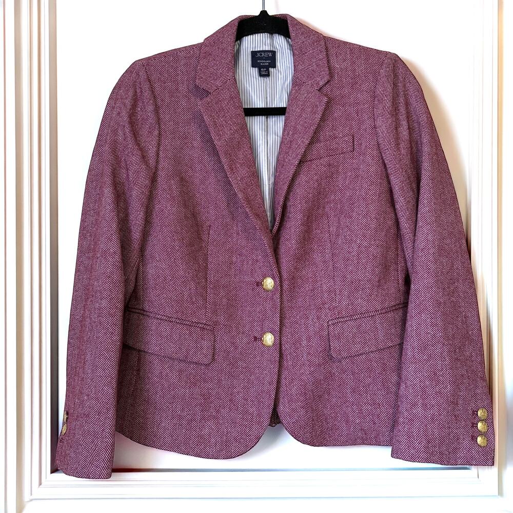 J.Crew NWOT Schoolboy Herringbone Wool Blend Blazer Burgundy Gold Buttons 6P